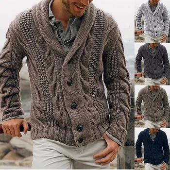 Зимняя модная мужская вязаная толстая шаль с воротником, однобортный трикотажный кардиган, однотонный свитер с длинным рукавом, пальто Зима
