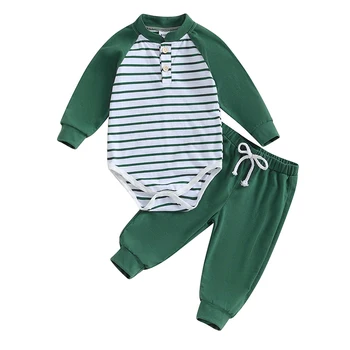 Зимняя одежда для новорожденных мальчиков, комбинезон в полоску с длинными рукавами, Пуловер с круглым вырезом, толстовка, Топы, Брюки, детская одежда