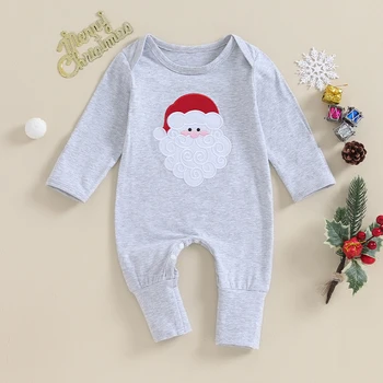 Комбинезоны для маленьких девочек и мальчиков, рождественская одежда с вышивкой Санта-Клауса, круглый вырез, осенние боди с длинными рукавами для малышей