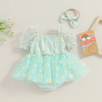 Новорожденная девочка, фатиновое платье с ромашками, платья-пузыри, наряды, Летний комбинезон с короткими пышными рукавами, повязка на голову